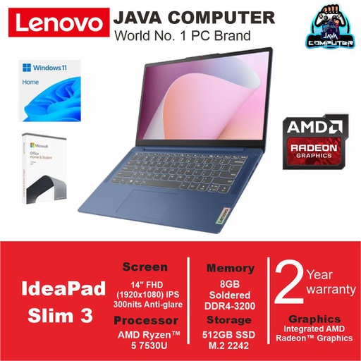 [LAPTOP-0844] Lenovo IdeaPad Slim 3 14ABR8 82XL007CID R5-7530U/8GB/512GB SSD/W11+OHS/14.0&quot; FHD/Abyss Blue (BAG)