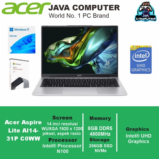 [LAPTOP-0852] Acer Aspire Lite AL14-31P-C0WW/Intel N100/8GB/256GB SSD/14.0″ WUXGA/Win11 Home+OHS/Silver (BAG)