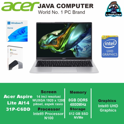 [LAPTOP-0853] Acer Aspire Lite AL14-31P-C6DD/Intel N100/8GB/512GB SSD/14.0″ WUXGA/Win11 Home+OHS/Silver (BAG)