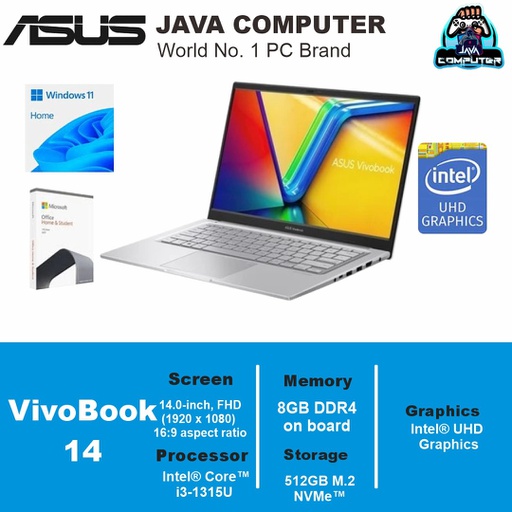 [LAPTOP-0858] Asus Vivobook 14 A1404VA-VIPS352M i3-1315U/8GB/512GB SSD/Win11 +OHS+O365/14.0″ FHD/Transparent Silver (BAG)