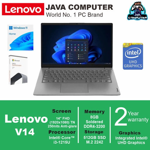 [LAPTOP-0895] Lenovo V14 G3 IAP 82TSA0H3ID Intel i3-1215U/8GB/512GB SSD/14.0&quot; FHD/DOS/Grey (BAG)