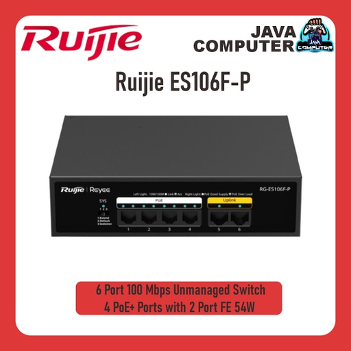 [NET-0490] Ruijie ES106F-P 6 Port 100 Mbps Unmanaged Switch 4 PoE+ Ports with 2 Port FE 54W
