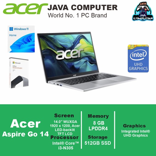 [LAPTOP-0912] Acer Aspire Go 14 AG14-31P-34GM i3-N305/8GB/512GB SSD/Win 11 Home+OHS+M365/14.0″ WUXGA/Pure Silver (BAG)