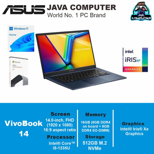 [LAPTOP-0916] Asus Vivobook 14 A1404VA-VIPS558 i5-1335U/16GB (8GB+8GB)/512GB/Win 11 Home/14.0" FHD/Quiet Blue (BAG)