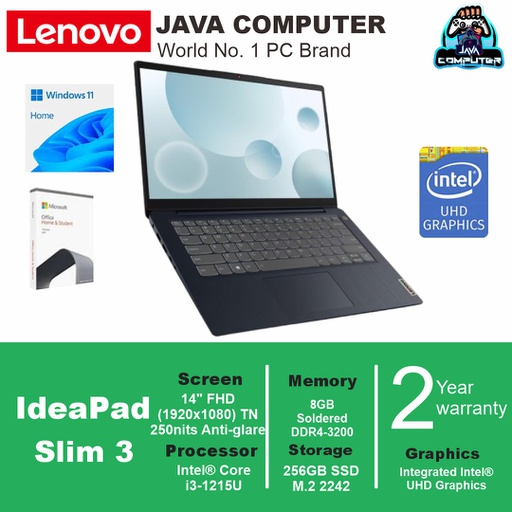 [LAPTOP-0927] Lenovo Ideapad Slim 3 14IAU7 82RJ00GCID i3-1215U/8GB/256GB SSD/W11 Home+OHS 2021/14.0" FHD/Abyss Blue (BAG)