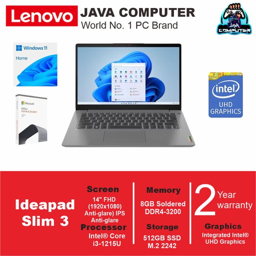 [LAPTOP-0928] Lenovo Ideapad Slim 3 14IAU7 82RJ00G7ID i3-1215U/8GB/512GB SSD/W11 Home+OHS 2021/14.0&quot; FHD/Arctic Grey (BAG)