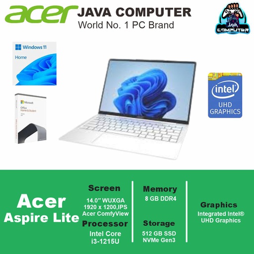 [LAPTOP-0931] Acer Aspire Lite 14 AL1-14-14M-3CID/Intel Core i3-1215U/8GB/512GB SSD/14.0″ WUXGA/Win11 Home+OHS/Arctic Silver (BAG) 