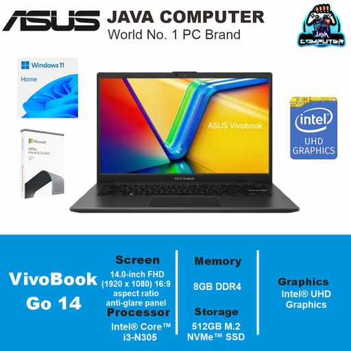 [LAPTOP-0938] Asus Vivobook Go 14 E1404GA-FHD351M /Intel Core i3-N305/8GB/512GB SSD/14.0″ FHD/Win11+OHS/Mixed Black (BAG)