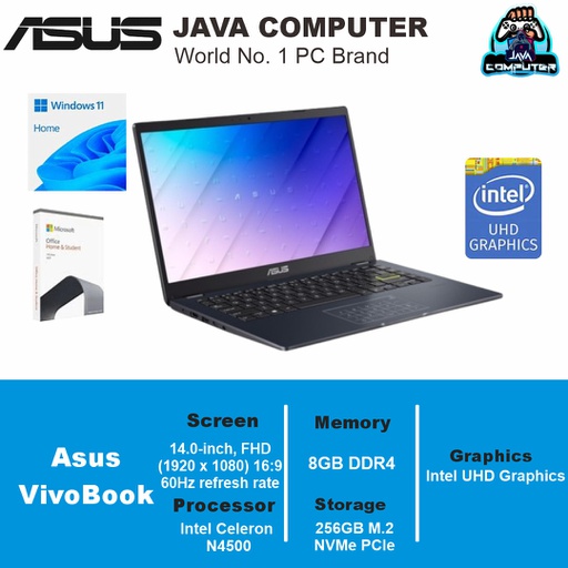 [LAPTOP-0989] Asus Vivobook Go 14 E410KA-FHD4821M N4500/8GB/256GB SSD/Win 11 Home+OHS/14.0″ FHD/Star Black (BAG)