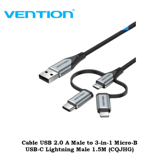 [CBL-0440] Vention Cable USB 2.0 A Male to 3-in-1 Micro-B USB-C Lightning Male 1.5M (CQJHG)