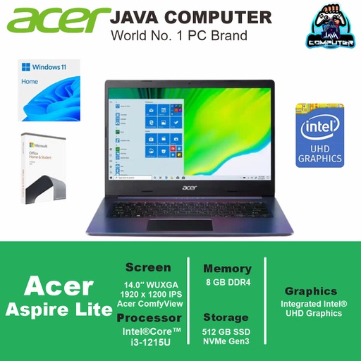 [LAPTOP-1000] Acer Aspire Lite 14 AL1-14M-3MID/Intel Core i3-1215/8GB/512GB SSD/14.0″ WUXGA/Win11 Home+OHS/Magical Color (BAG)