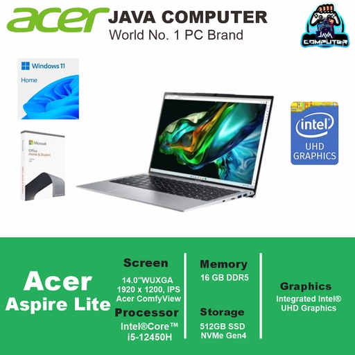 [LAPTOP-1001] Acer Aspire Lite AL14-71M-59B8/Intel Core i5-12450H/16GB/512GB SSD/14.0″ WUXGA/Win11 Home+OHS/Light Silver (BAG)