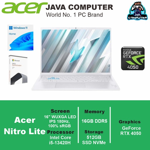 [LAPTOP-1002] Acer Nitro Lite NL16-71G-55VC/Intel Core i5-13420H/16GB/512GB SSD/RTX4050 6GB/15.6″ WUXGA/Win11 Home+OHS/Pearl White (BAG)