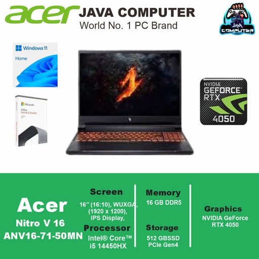 [LAPTOP-1005] Acer Nitro V16 ANV16-71-50MN/Intel Core i5-14450HX/16GB/512GB SSD/RTX4050 6GB/16.0″ WUXGA/Win11 Home+OHS/Obsidian Black (BAG)