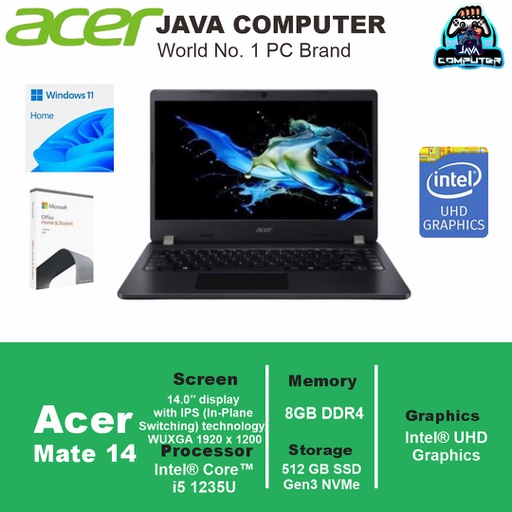 [LAPTOP-1006] Acer Mate 14 AM1 Core i5-1235U/8GB/512GB SSD/14.0″ WUXGA/Win 11 Home+OHS+M365/Business Black (BAG)