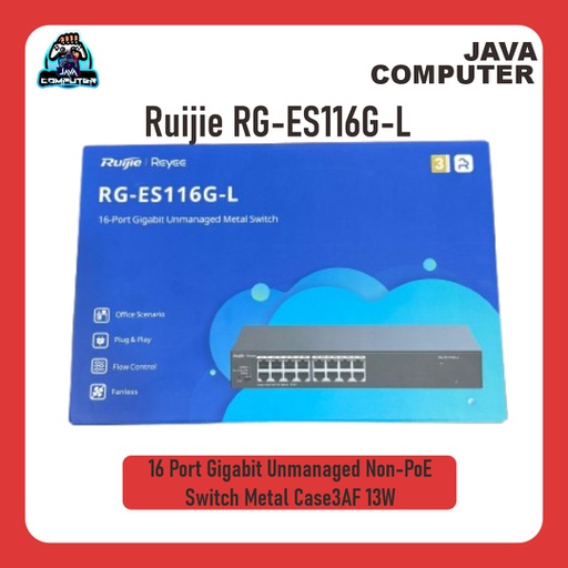 [NET-0577] Ruijie RG-ES116G-L 16 Port Gigabit Unmanaged Non-PoE Switch Metal Case