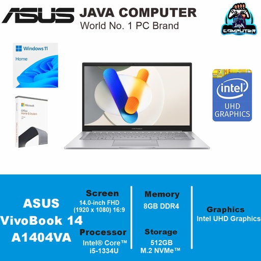 [LAPTOP-1013] Asus VivoBook 14 A1404VA-VIPS5853M i5-1334/8GB/512GB SSD/Win11+OHS/14.0″ FHD/Cool Silver (BAG)