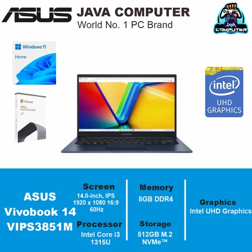 [LAPTOP-1016] Asus VivoBook 14 A1404VA-VIPS3851M Core i3-1315U/8GB/512GB SSD/Win11+OHS/14.0″ FHD/Blue (BAG)