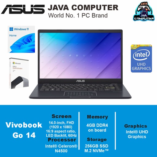 [LAPTOP-1019] Asus Vivobook Go 14 E410KA-FHD424M N4500/4GB/256GB SSD/Win 11 Home+OHS 2021+M365/14″ FHD/Peacock Blue (BAG)