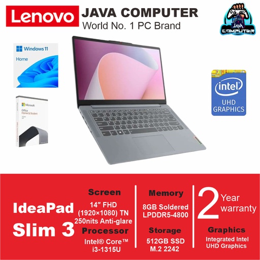 [LAPTOP-1025] Lenovo IdeaPad Slim 3 14IRU8 82X6005PID i3-1315U/8GB/512GB SSD/14.0″ FHD/W11 Home+OHM 2024+M365/Artic Grey (BAG)