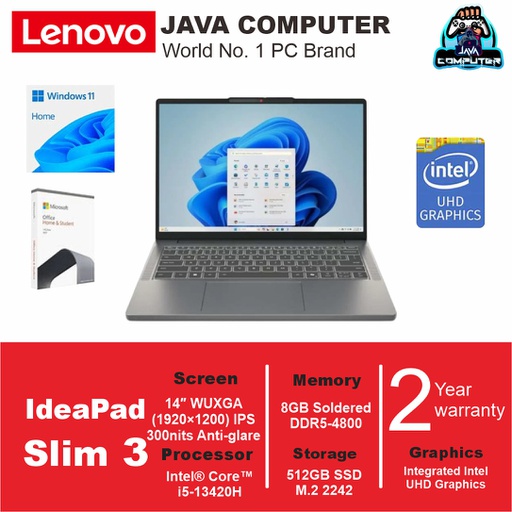 [LAPTOP-1026] Lenovo IdeaPad Slim 3 14IRH10 83K0007EID i5-13420H/8GB/512GB SSD/14.0″ WUXGA FHD/W11 Home+OHM 2024/Luna Grey (BAG)
