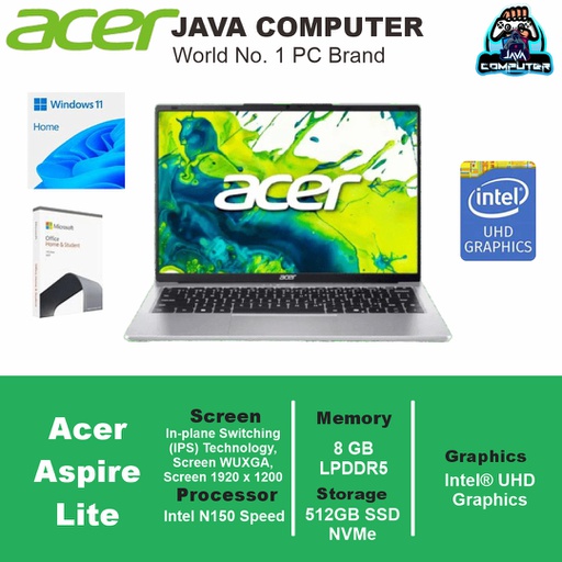 [LAPTOP-1037] Acer Aspire Lite AL14-32P-C9VS/Intel N150/8GB/512GB SSD/14.0″ WUXGA/Win11+OHS+M365B/Light Silver (BAG)