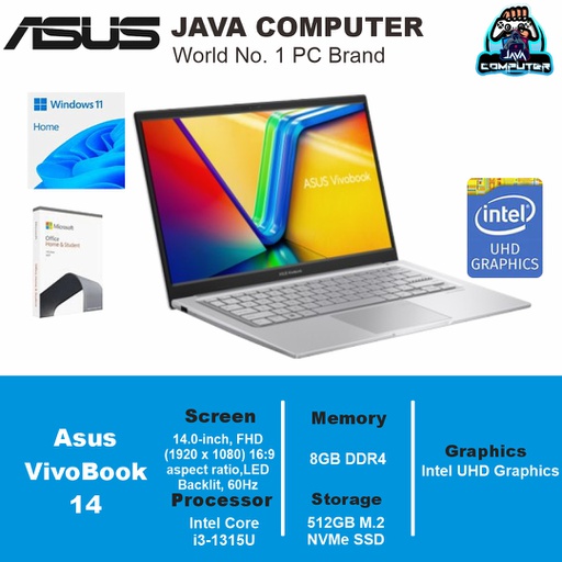 [LAPTOP-1040] Asus Vivobook 14 A1404VA-FHD3853M/Core i3-1315U/8GB/512GB SSD/14.0″ FHD/Win 11 Home+OHS 2021+M365/Transparent Silver (BAG)