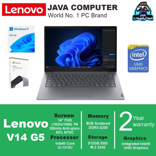 [LAPTOP-1048] Lenovo V14 G5 IRL 83GU007FID Intel Core i3-1315U/8GB/512GB SSD/14" FHD/W11 Home +OHM 2024/Luna Grey (BAG)