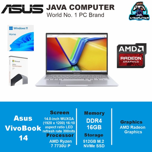 [LAPTOP-1051] Asus Vivobook 14 M1405YA-VIPS7152M AMD R7-7730U/16GB/512 SSD/14.0&quot; WUXGA/Win 11 Home+OHS/Cool Silver (BAG)