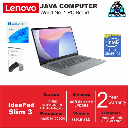[LAPTOP-1058] Lenovo IdePad Slim 3 14IAN8 82XA0062ID Intel N100/8GB/512GB SSD/W11+OHS 2024/14"FHD/Artic Grey (BAG)