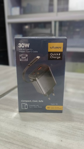 [ACC-0556] Vivan Adaptor GaN Charger Super 5S 3 Port USB-A + 2*USB-C (30W) with Cable Type C M to M Silver