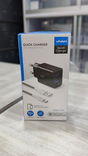 [ACC-0559] Vivan Adaptor Charger C12S 2 Port USB-A (12W) With Cable USB to Type C Black