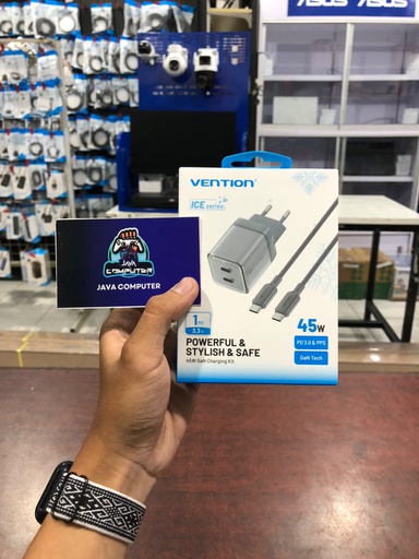 [ACC-0575] Vention Adaptor GaN Charger 2 Port USB-C (45W) with Cable Type C M to M Grey (TZ-FCFH0-EU)