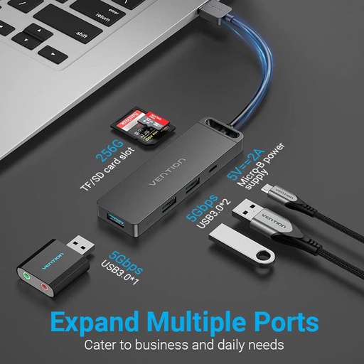 [ACC-0342] Vention USB 3.0 to USB 3.0*3/TF/SD/Micro-B HUB 0.15M Black ABS Type (CHVBB)