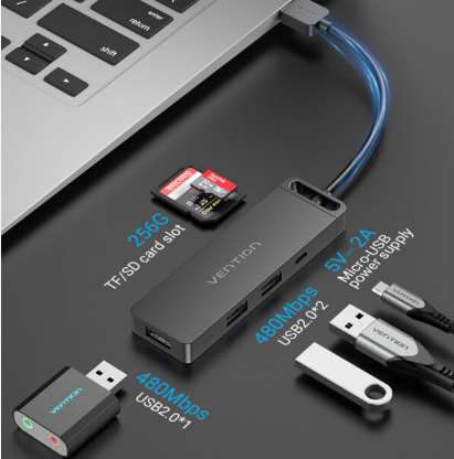 [ACC-0345] Vention USB 2.0 to USB 2.0*3/TF/SD/Micro-B HUB 0.15M Black ABS Type (CHUBB)